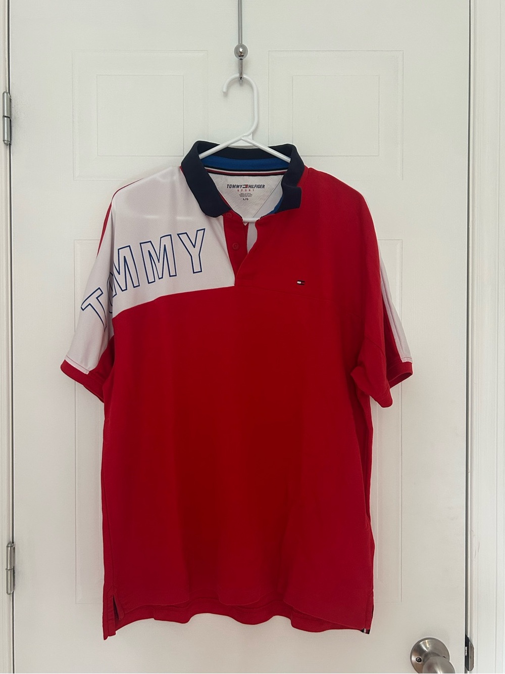 Tommy Hilfiger Red Polo with White Shoulder Panel and Navy Trim - Men’s Size L